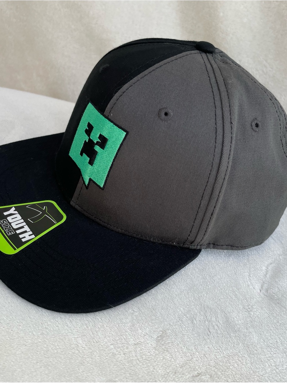 Youth Kids Gray & Black Snapback Hat with Green Minecraft Logo